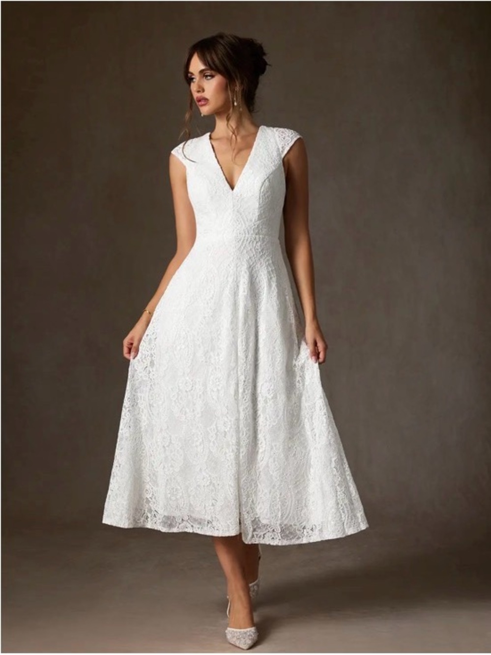 Azazie White Lace V-Neck Tea-Length Wedding Dress